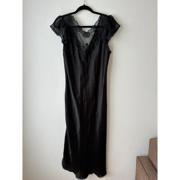 Y2k Whimsygoth Fairy Grunge Satin Slip Dress Black Dark Romantic Lace Sheer Long - Picture 1 of 9